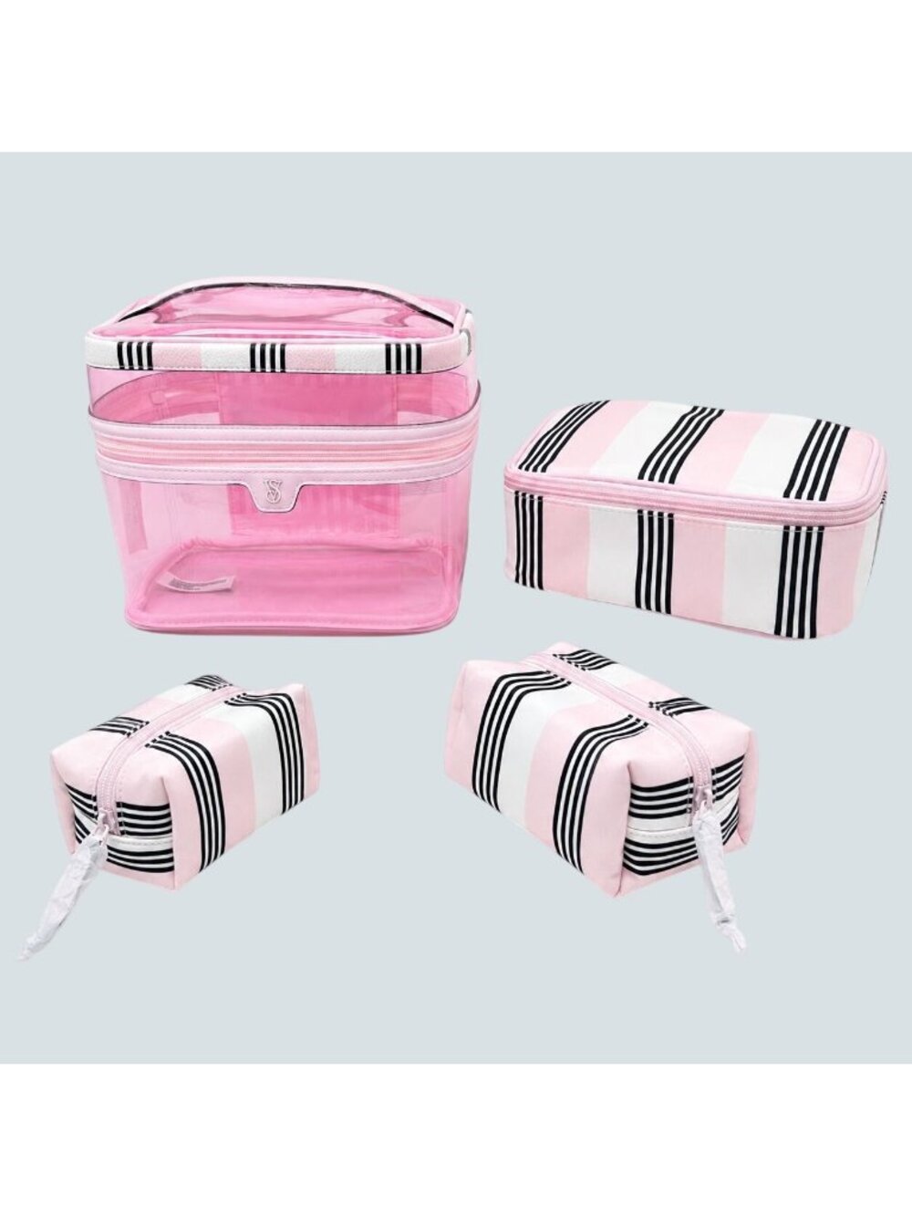 Victorias Secret Pink Striped 4-Piece Travel Cosmetic Bag Set NWT